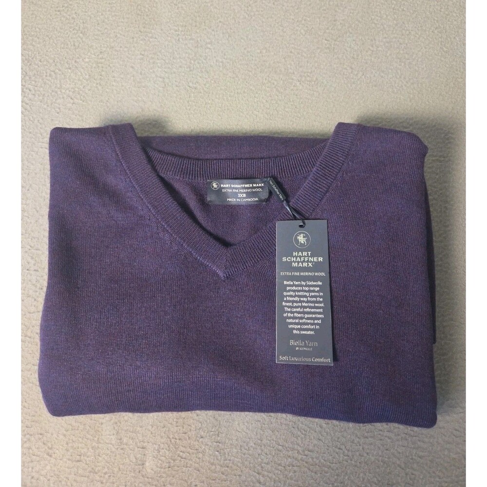 NWT Hart Schaffner Marx Mens Purple Fine Merino Wool V-Neck Sweater 3XB NEW $115